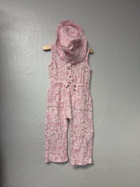 $16 ADD ON Rabbit + bear pink floral jumpsuit romper matching hat jamie kay 3T
